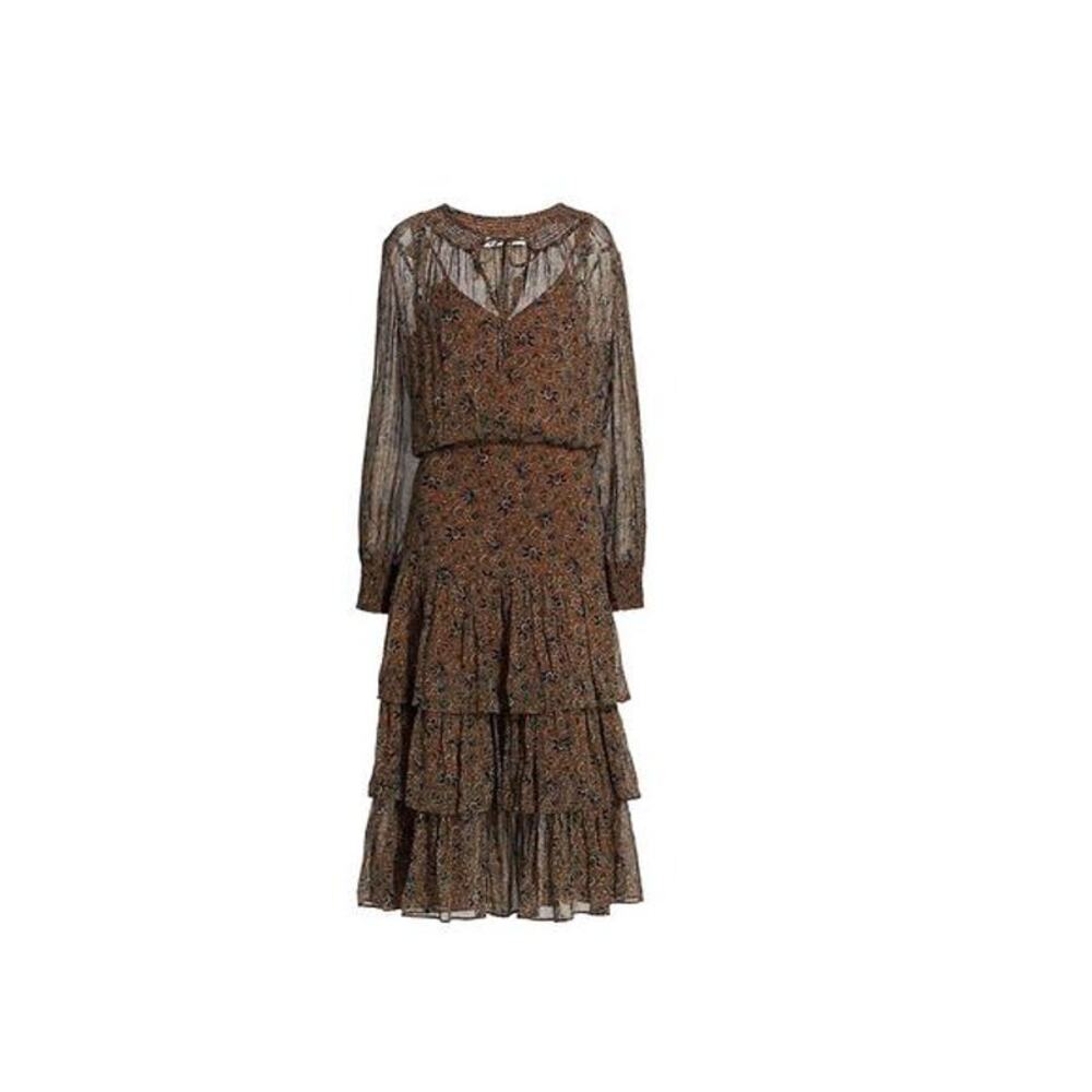 Veronica Beard Tunis Sz 2 Brown Floral Chiffon Tiered Midi BOHO Smocking Dress